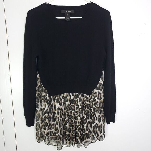 Ali Miles Sweater WOmens M Leopard Layered Black Knit Academia Office Preppy - Picture 1 of 9